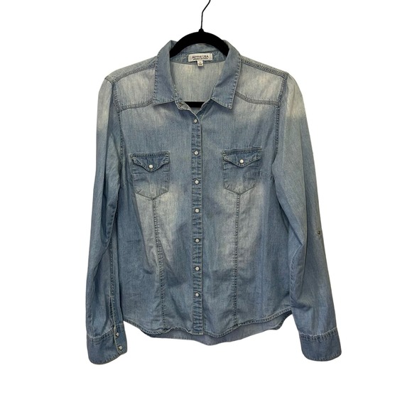 Acive USA Blue Faded Tabbed Sleeve Snap Button Down Top - Picture 1 of 7